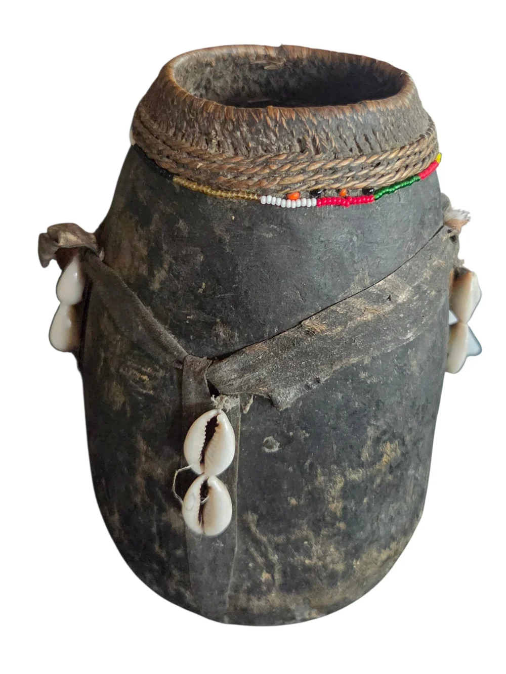 African Tribal Handmade Wood Water Milk Vessel Beaded With Cowrie Shell